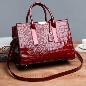 Chic Burgundy Crocodile-Embossed Faux Patent Leather 2 Way Satchel